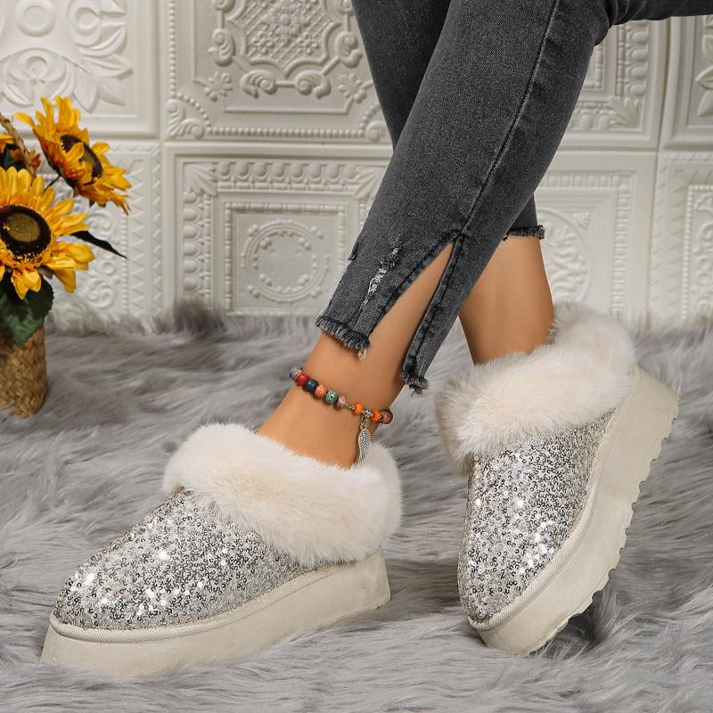 Faux Fur Winter Boots Women New 2024 Fashion Sequined Cloth Warm Snow Boots Woman Non-Slip Thicken Plush Ankle Booties Plus Size