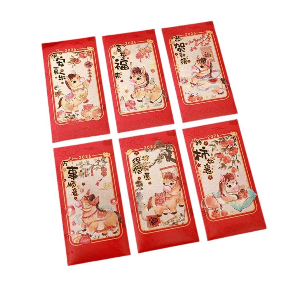 

6Pcs Traditional 2026 Horse Year Red Envelope Paper Lucky Money Bag Spring Festival Style A