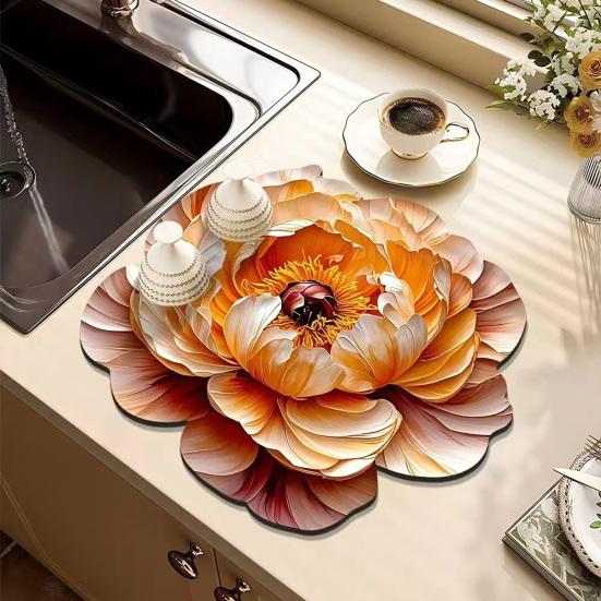 Yousheng 3D Dish Drying Mat Absorbent Kitchen Drying Mat Floral Reusable Washable Dish Drying Pad Non-slip Dish Rack Mats for Kitchen Counter