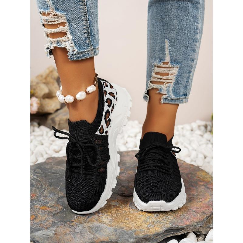 Women's Breathable Knit Mesh Casual Sports Shoes, Round-Toe Wave-Sole Leopard-Print Style, Available In Large Sizes.