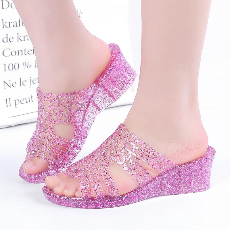 Summer Sandals Women's Crystal Plastic High-heeled Thick Soled Women's Sandals Slip-heeled Outdoor Anti-slip Versatile Sandals