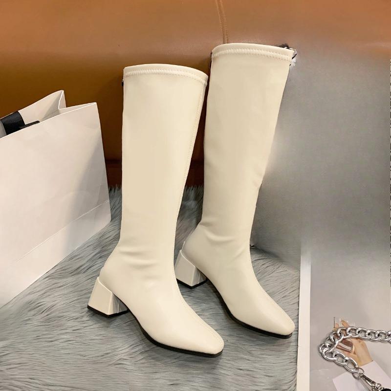 Fashion Long Tube Women's Knee-length Cotton Boots Autumn New All-match Square Toe Plus Fleece High Tube Block Heel Skinny Boots