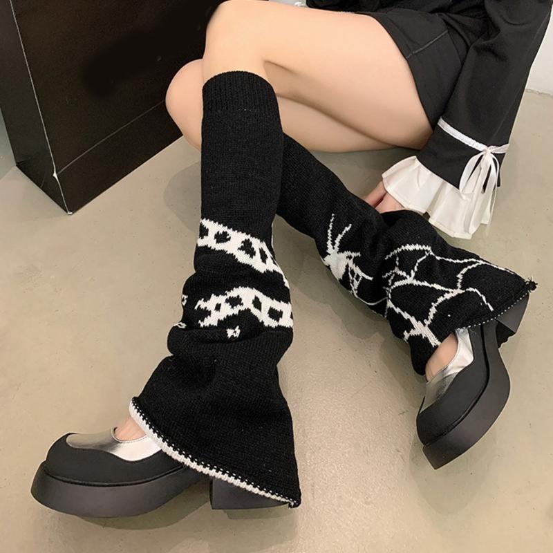 Harajuku Punk Spiderweb Knitted Leg Warmers Japanese Women Gothic Knee Length Long Socks Leggings Boot Cuffs Foot Covers