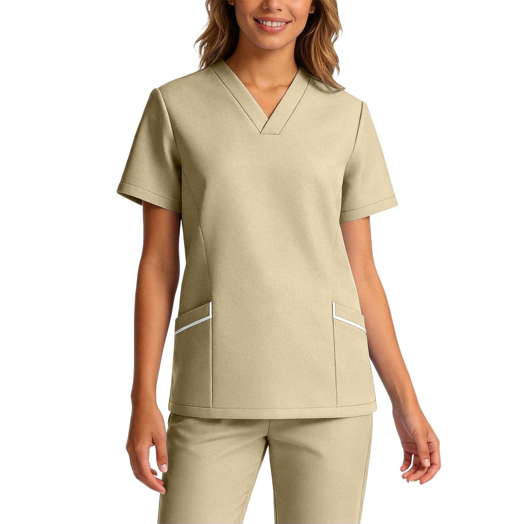 Women's Elastic Quick-Drying V-Neck Pocket Short-Sleeve Caregiver Work Uniform