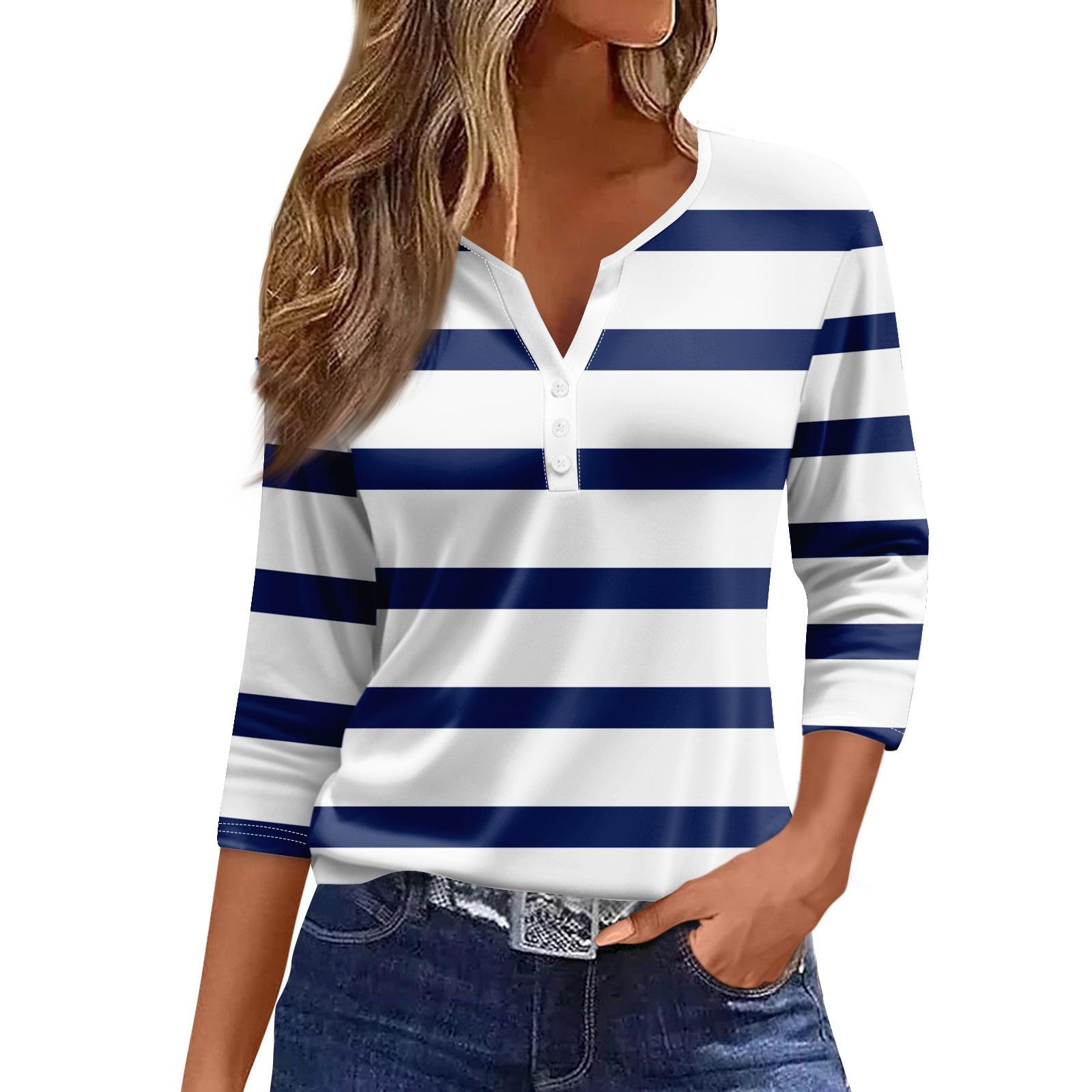 

Women s Striped Button-Up Shirt with Contrast Collar, Mid-Sleeve Casual Top in Green, White & Black S