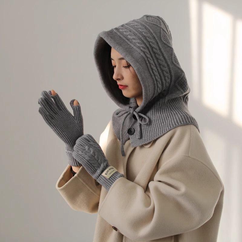 Wool Knitted Balaclava Hat with Neck Warmer Integrated Gloves Autumn Winter Neck Protection Warm Stylish Red with Gloves