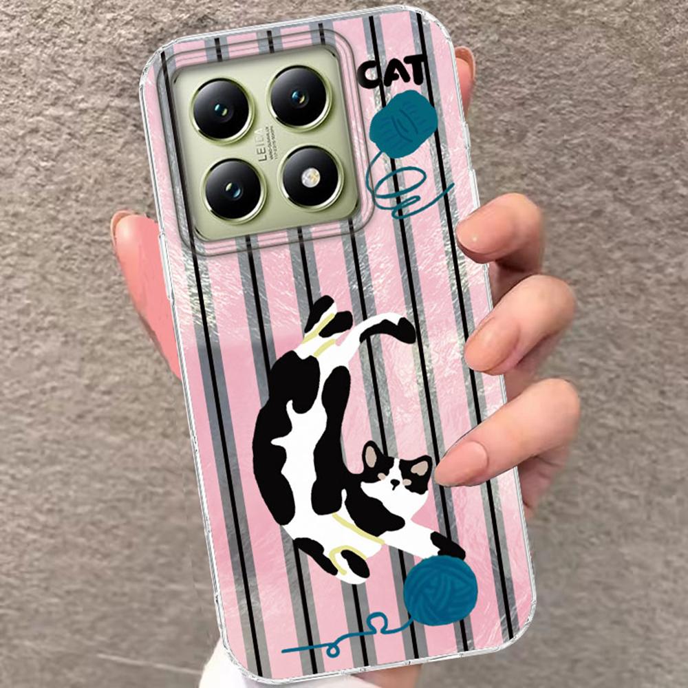 Milk White Line Cat Pattern Cartoon Phone Case For Xiaomi 14T 13T 11 Lite NE Poco X5 M6 X6 X7 X3 Pro NFC C65 C61 M5S Back Cover