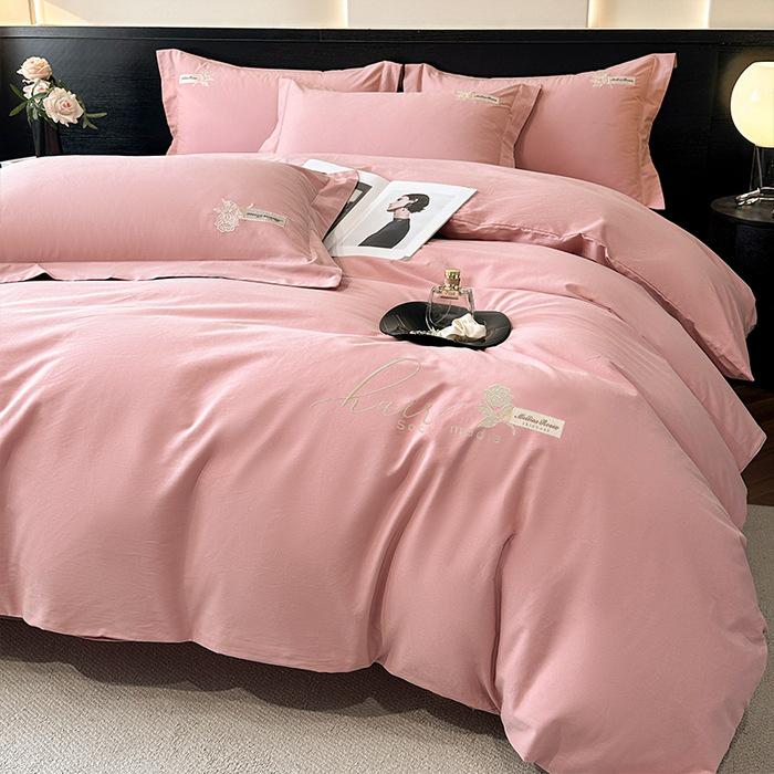Luxury Pure Cotton Flannel Four-Piece Bedding Set: Solid Color Embroidered Bed Sheet & Duvet Cover Gift.