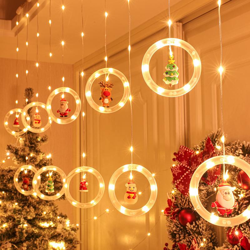 

LED Christmas Circle Leather Wire Curtain & Ornament Lights for Festive Décor USB Remote [Warm Light]