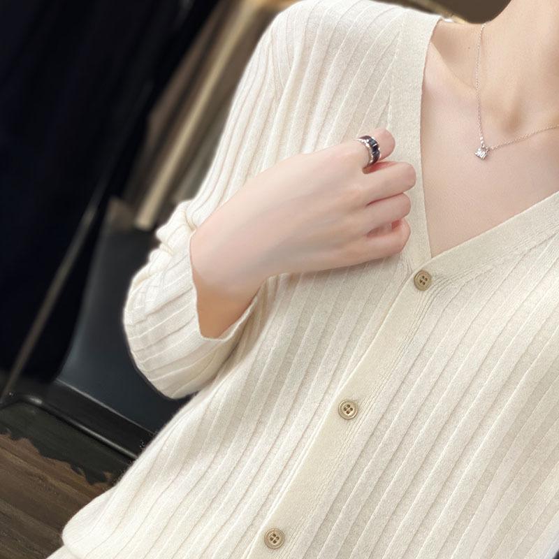 2025 Autumn/Winter Women's 100% Wool V-Neck Ribbed Cardigan Sweater, Versatile Loose Cashmere Coat