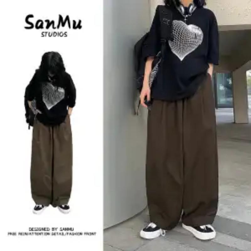 Spring Men Khaki Wide Leg Pants Side Stripe Casual Baggy Trousers Cotton