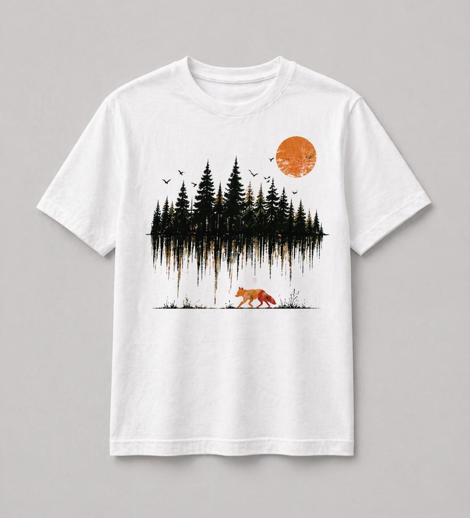 Forest Reflection Fox T-Shirt, Minimalist Sunset Nature Graphic Tee M