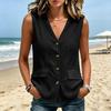 Women's Casual Button Front V Neck Sleeveless Vest Top Lightweight Summer Layering Shirt with Pockets and Relaxed Fit