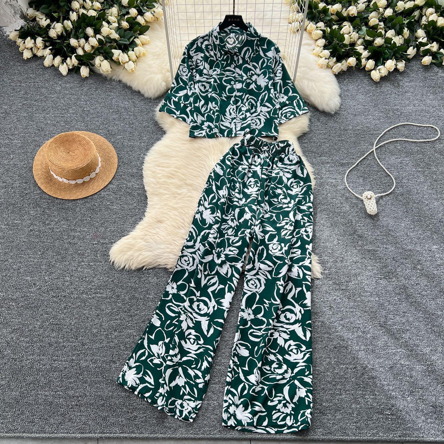 Chic Cross-Border Salt-Style Set: Printed Loose Shirt + High-Waisted Wide-Leg Pants One Size темно-зеленого
