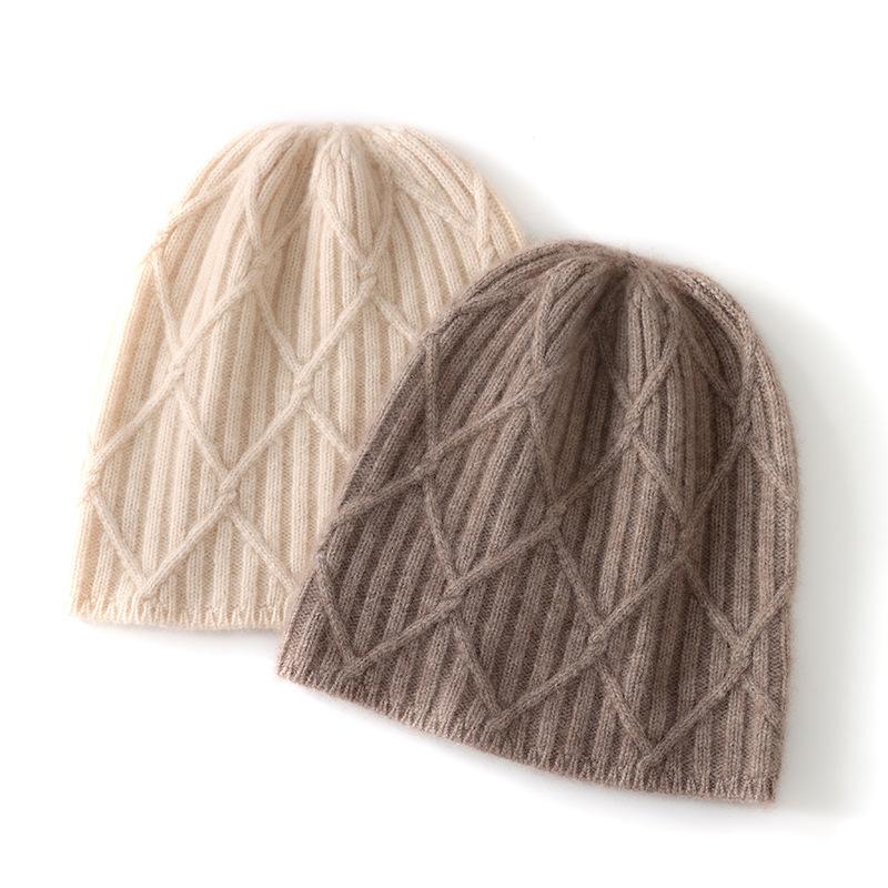 Cashmere hat solid color knitted rhombus knitted wool warm headgear cold hat winter