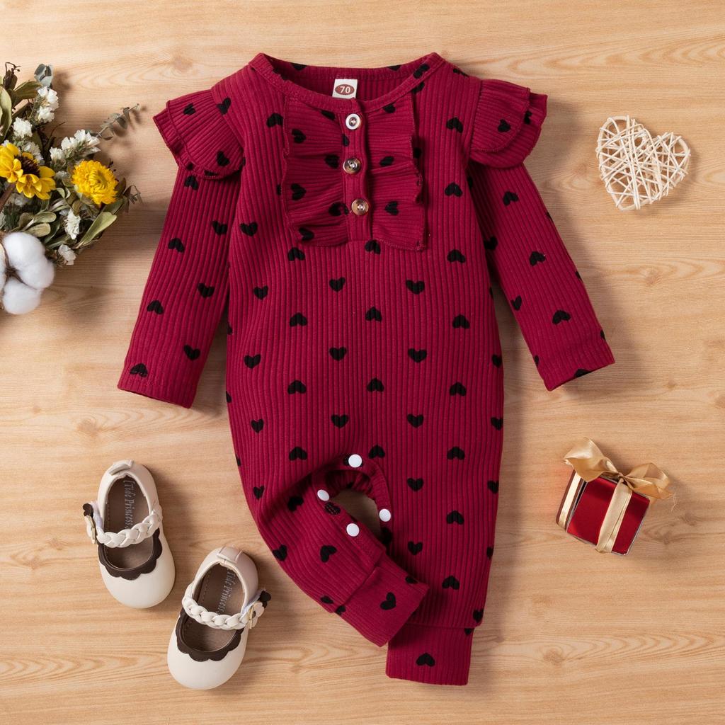 Girls' Cotton Ribbed Heart Print Bodysuit - Spring/Autumn Style