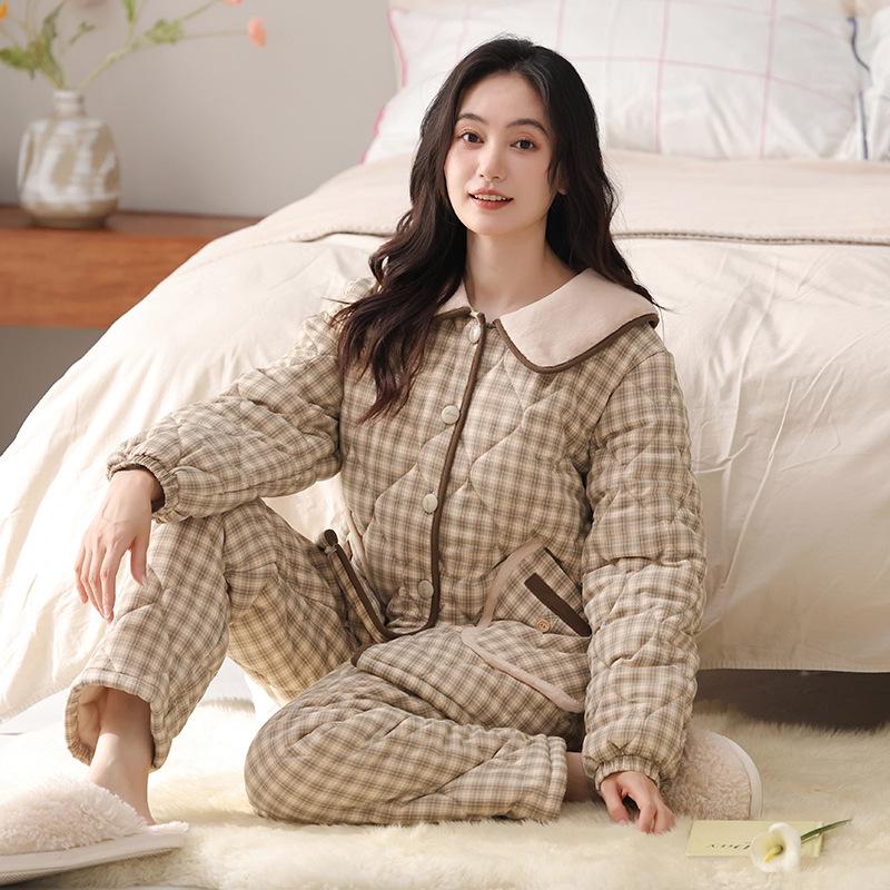 Three-Layer Woven Pure Cotton Padded Pajamas, Women'S Winter Thickened And Velvet Padded Jackets, Warm Loungewear Can Be Worn Outside