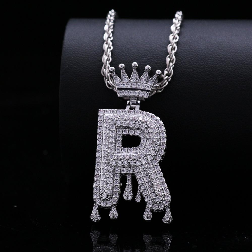 Stylish Hip Hop Zircon Crown Pendant Necklace with 26 English Letters for Women