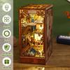 Kit de coin de livre DIY Puzzle 3D en bois Décor d'insertion d'étagère avec lumière LED à capteur Kit de modèle de maison de poupée miniature DIY pour enfants Adultes
