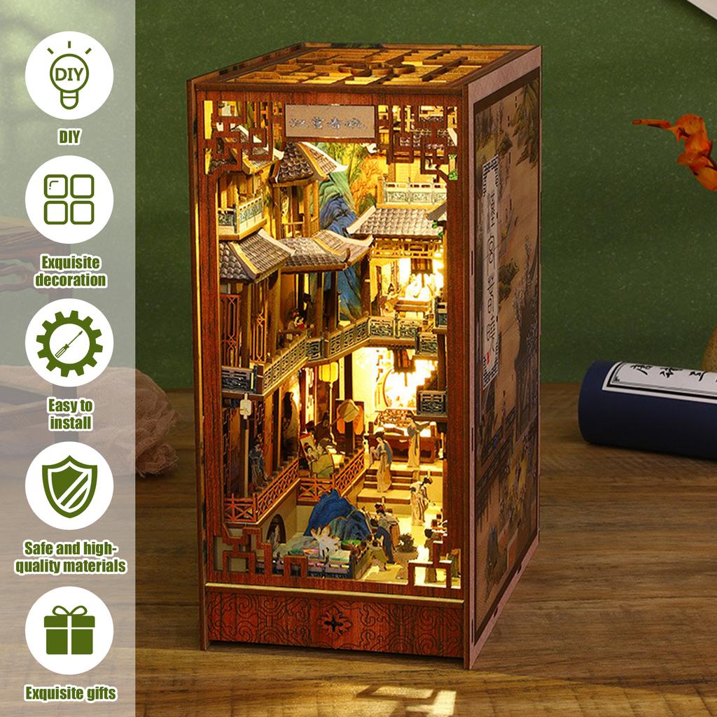 Kit de coin de livre DIY Puzzle 3D en bois Décor d'insertion d'étagère avec lumière LED à capteur Kit de modèle de maison de poupée miniature DIY pour enfants Adultes