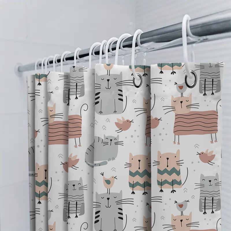 Adorable Cartoon Cat Bird Print Shower Curtain Waterproof Fabric Home Decor For Bathroom Accessories In Various Sizes!