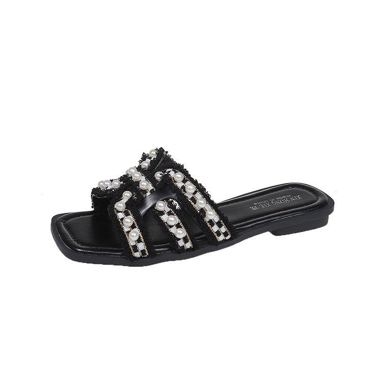 

2025 summer new Xiaoxiangfeng flat-bottomed slippers women wear spring soft-bottomed fairy versatile pearl beach sandals 35 чёрный