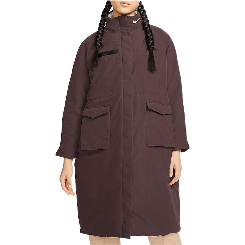 Nike Solid Color Logo Print Pocket Zipper Mid-Length Cotton Coat Women coats Brown DD4651-203