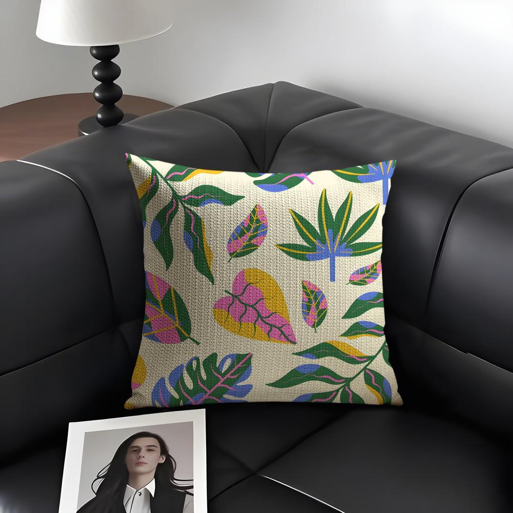 Leaves INS Cushion Cover Natural Linen Organic Fabric DoubleSided Printing Sofa Home Decor Gift Pillow Case