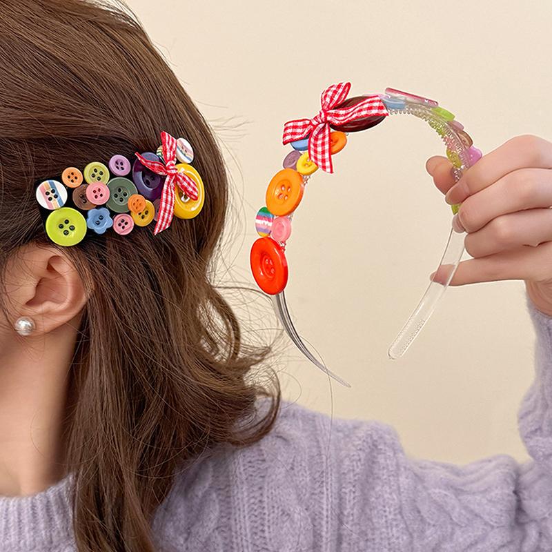 Dopamine Colored Button Headband Headwear Childishness Hairband Face Washing Bow Hair Hoop Sweet  Hair Clip Gifts