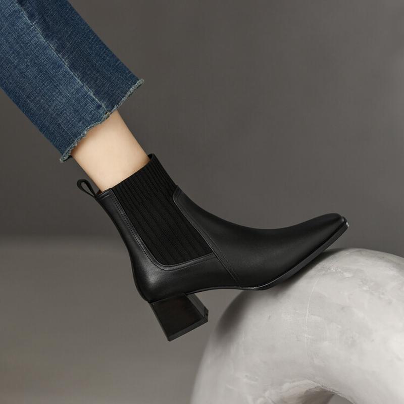 Fashion NEW Ankle Boots for Women Genuine Leather Square Toe Chunky Heel Shoes Winter Modern Boots Concise Vintage Knitting Short Boots