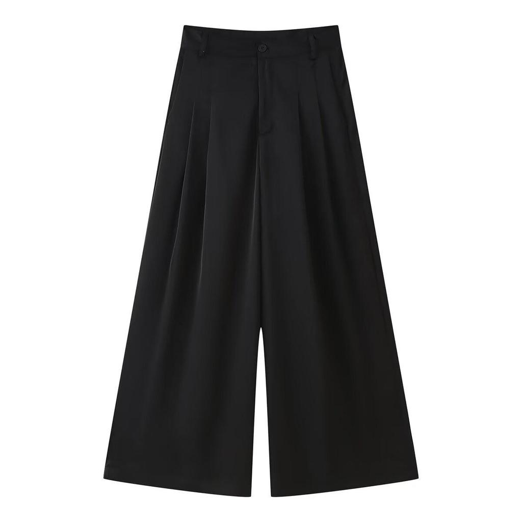 2025 Spring Women's European & American Wide-Leg Satin Pleated Trousers