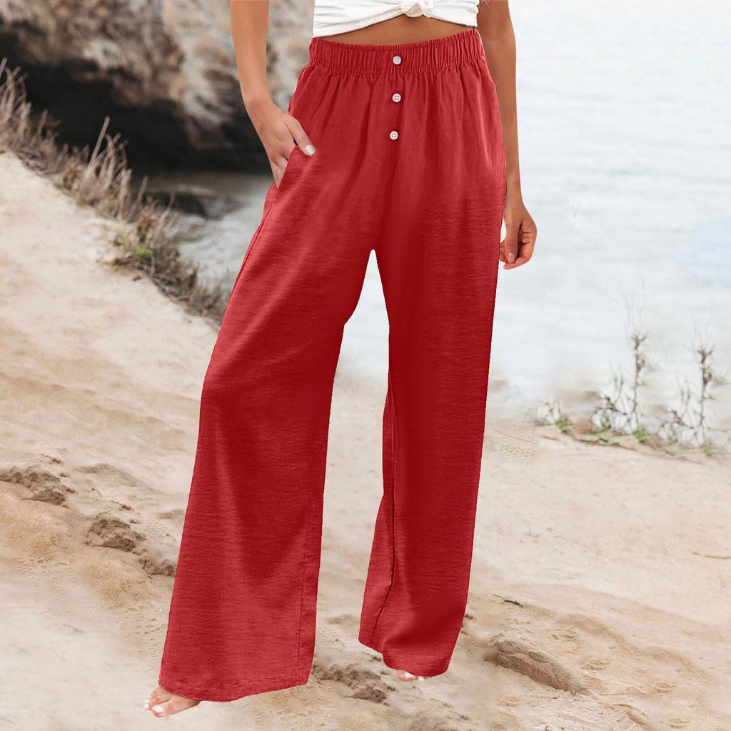 Women's Fashion Loose Casual With Button Elastic Waist Wide Leg Pants Casual Pants