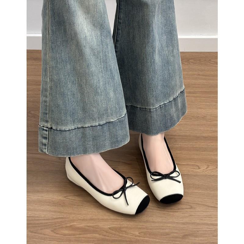 Fårskinnsversion~ läder franska små inre höjdökning balett enkelskor dam retro rosett en pedal enkelskor