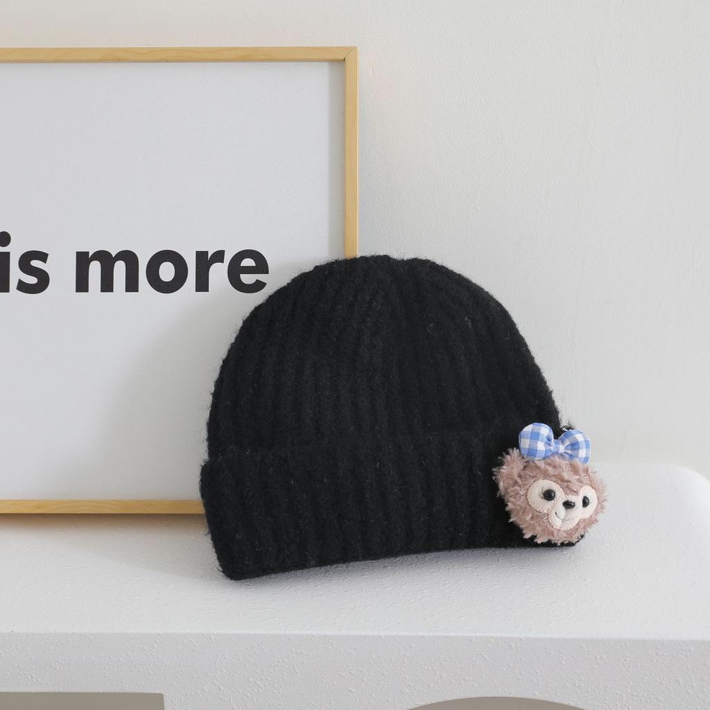 Cute Doll Pattern Label Knitted Hat for Women Autumn and Winter New Warm and Thickened Cold Hat Showing Face and Small Ear Protection