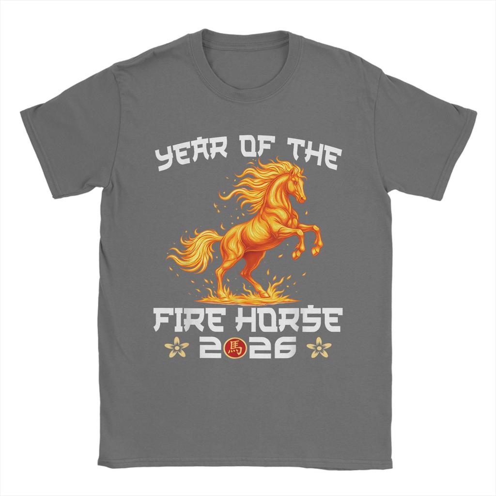 Mens TShirt Year of The Fire Horse New Year 2026 Zodiac Horse Pure Cotton Tees Short Sleeve  T Shirts O Neck Tops Unique