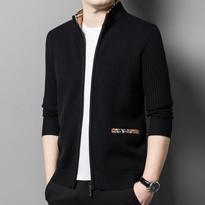 Men's Cardigan Stand Collar Thickened Sweater Casual Large Size Solid Color Sweater Zipper Coat