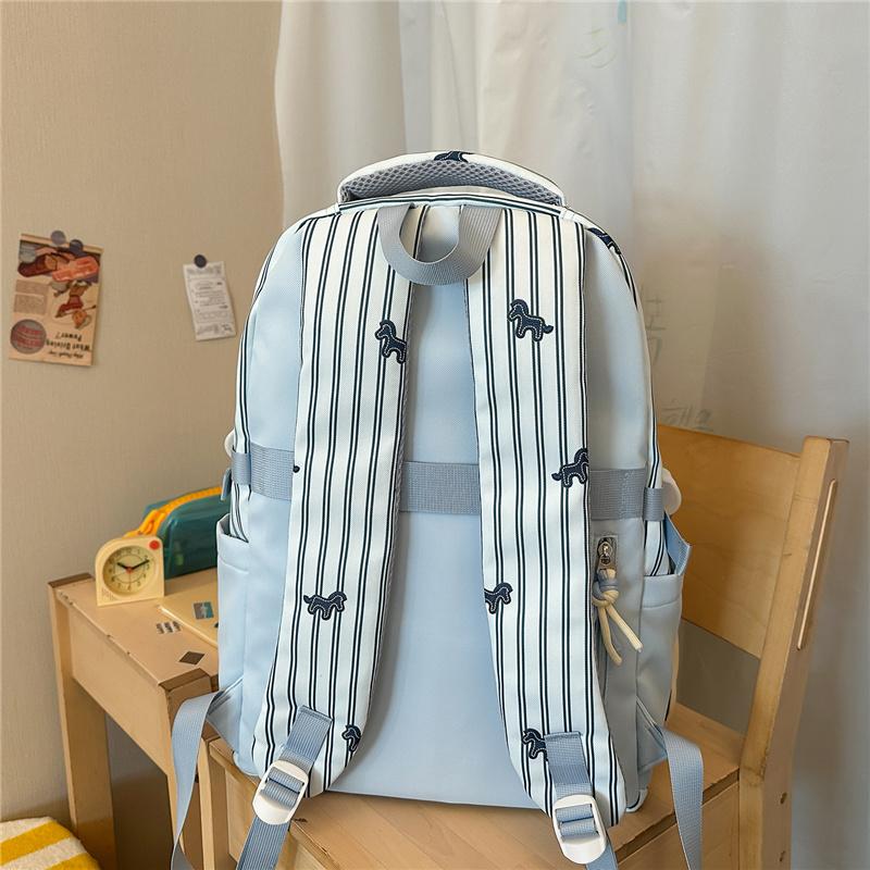 Striped Backpack with Horse Pattern and Front Pocket for School and Daily Use