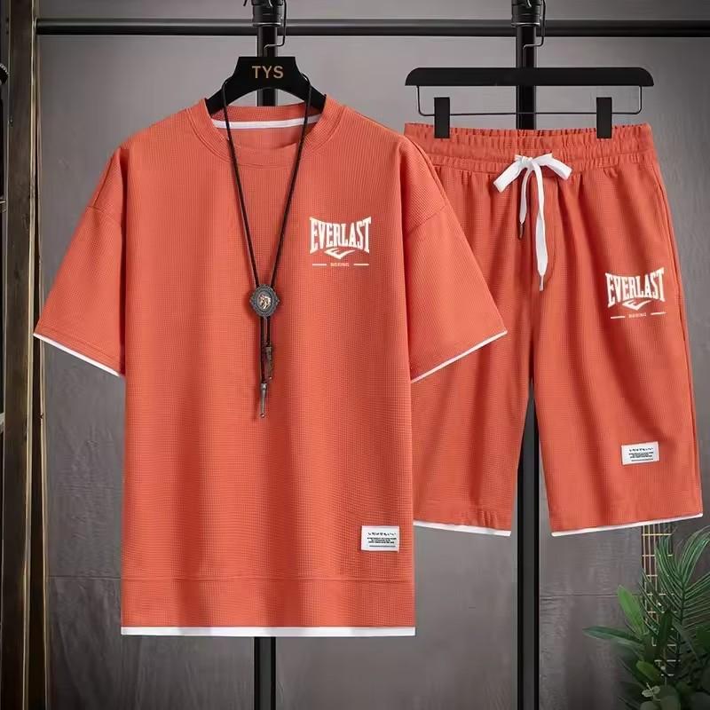 Summer Men's New Comfortable and Breathable Round Neck T-shirt Shorts Letter Gradient Set Outdoor Casual Two-piece Set