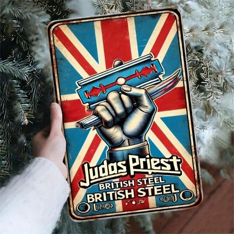 

Vintage Judas Priest British Steel Patina Metal Wall Sign For Bar