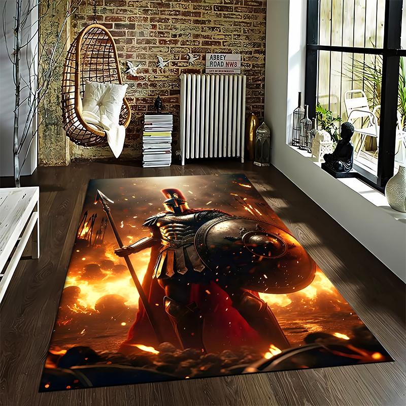 Warrior Rug with Gladiator Design and Flames Suitable for use as an anti-slip game mat for living room and bedroom sofas
