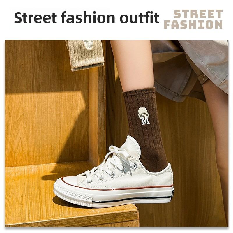 5 Pairs of Female Autumn and Winter Cotton All Match Solid Color Tube Socks