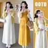 Elegant Spring V-Neck Dress & Knit Cardigan Maternity Set