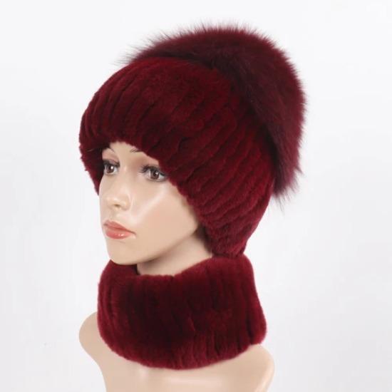 Women Winter Real Fur Hat Scarf 2 Pieces Knitted Rex Rabbit Fur Hat Top Natural Fox Fur Cap Scarves Sets Lady Warm Real Fur Caps