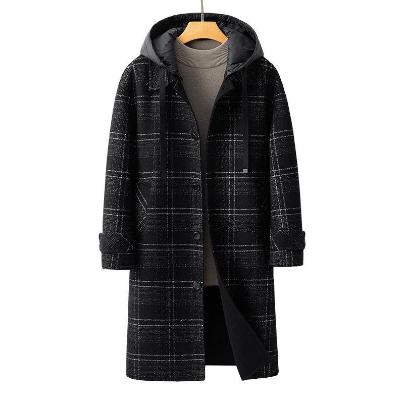 New Woolen Coat Men's Medium and Long Korean Version Loose British Men's Autumn and Winter Hooded Plaid Woolen Coat