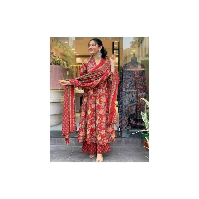 GoSriKi Women s Rayon Blend Anarkali Printed Kurta with Pant & Dupatta & Dupatta (CIA Yellow-GS_M_Yellow_Medium) M красный