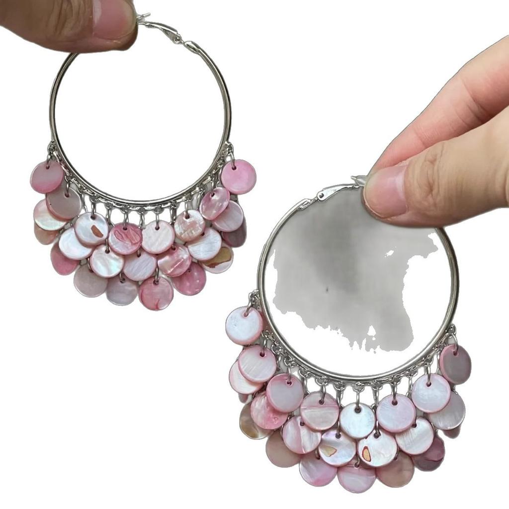 [Fendai] Pink shell fringed big earrings earrings girl seaside vacation wind shows face small atmosphere earrings