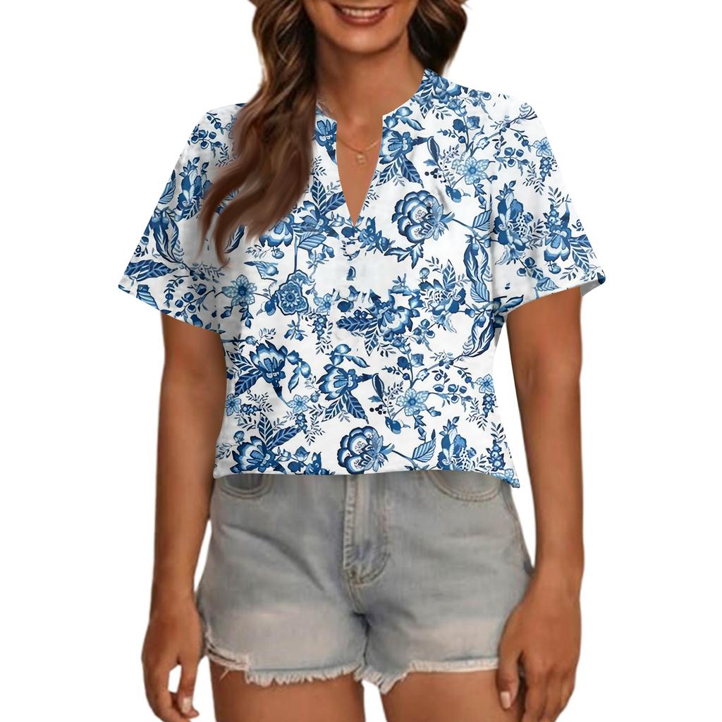Modisches, lässiges Damen-Top mit V-Ausschnitt, Knopfleiste, Oversize-Schnitt, kurzen Ärmeln und Print