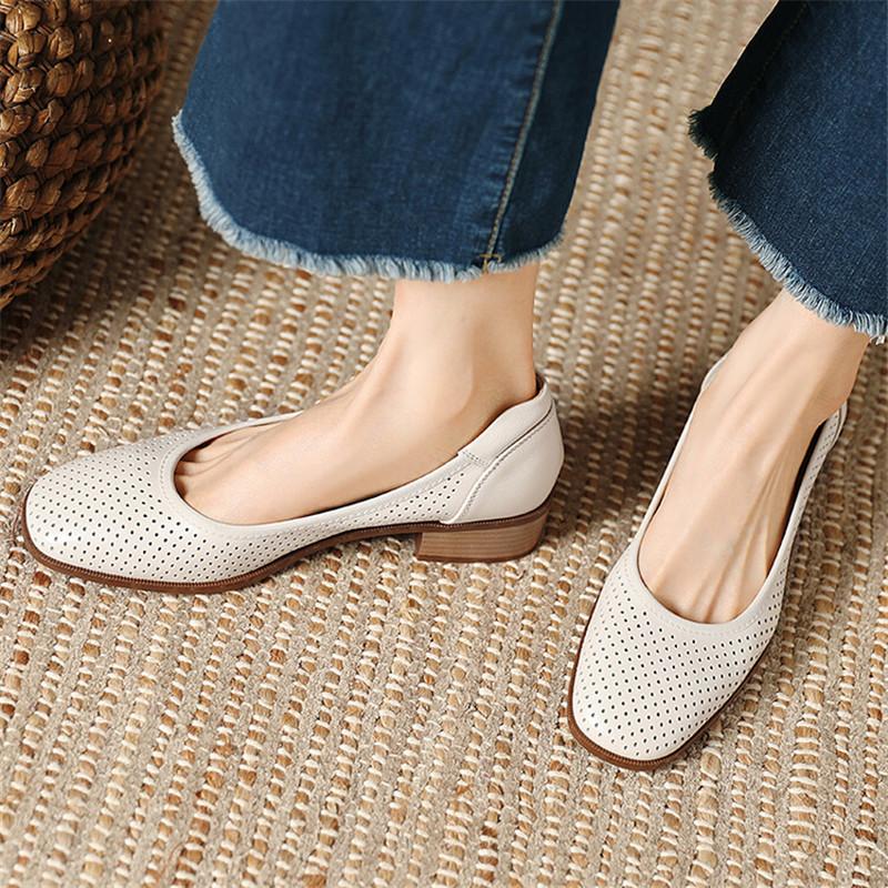 Fashion 2025 New Fashion Hollow Out Women Pumps Square Toe Summer Shoes Chunky Heels Genuine Leather Shoes for Women Handmade Loafers
