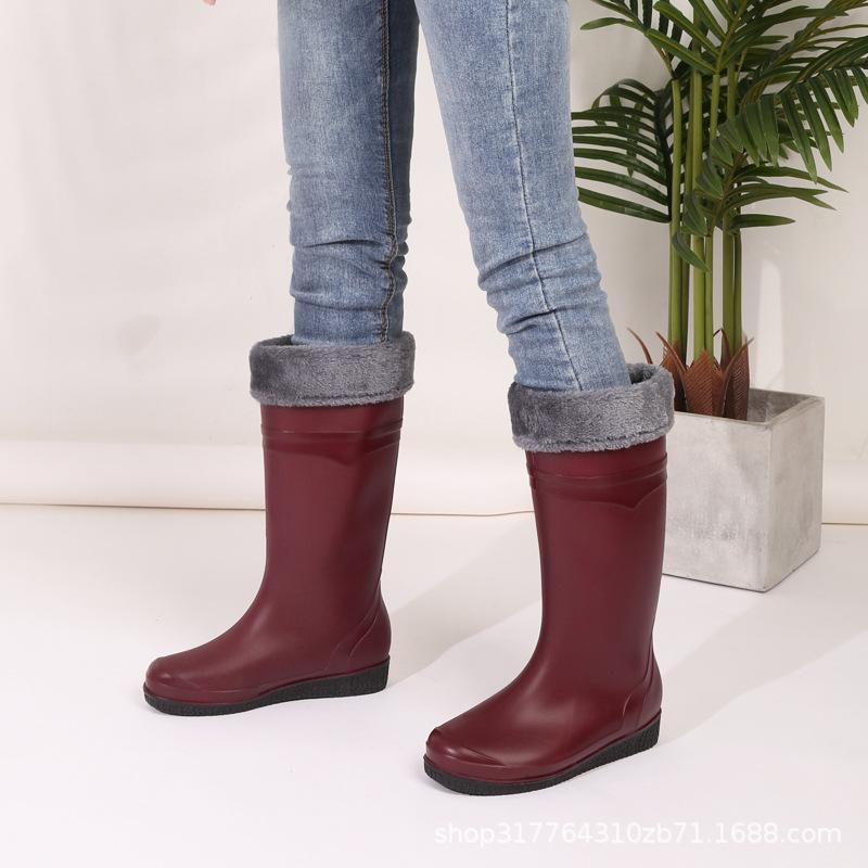 Water Shoes Fashion Long Tube Rain Shoes Extra High Rain Boots Women's Velvet Cotton Flat Bottom Women's Non-slip Rubber Shoes Water Boots Matte