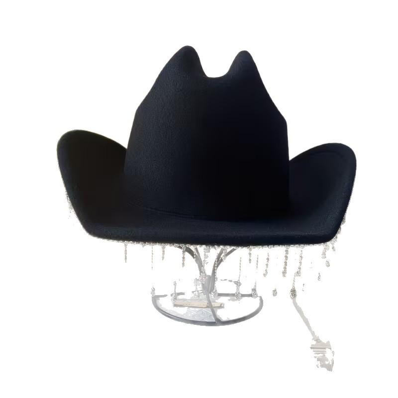 European and American Style Western Cowboy Hat Fringed Rhinestone Autumn and Winter Hat Women's French Retro Jazz Top Hat